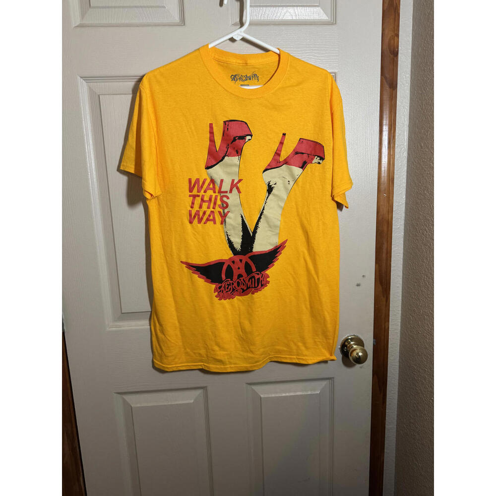 Aerosmith Walk This Way Graphic T-Shirt Medium Yellow Cotton